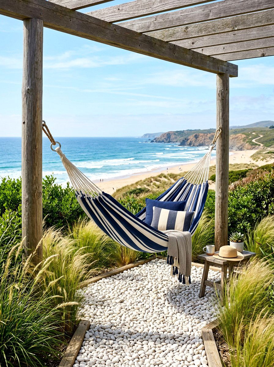 Coastal blue hammock nook - 30 hammock garden corner ideas
