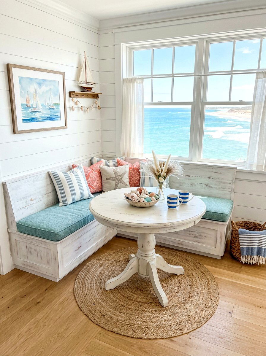 Coastal blue nook - 30 banquette dining room ideas