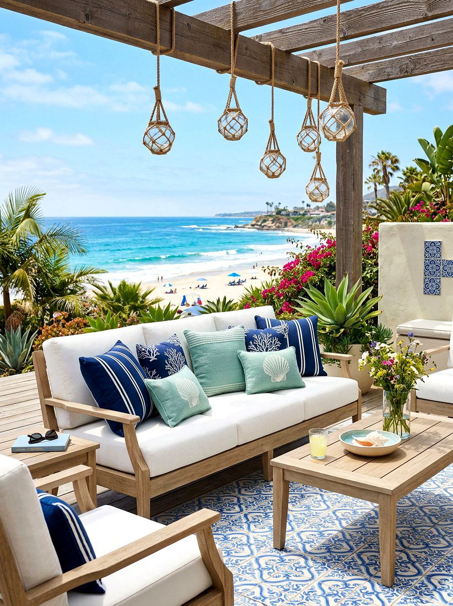 Coastal blue patio accents - 30 California casual patio lounge ideas