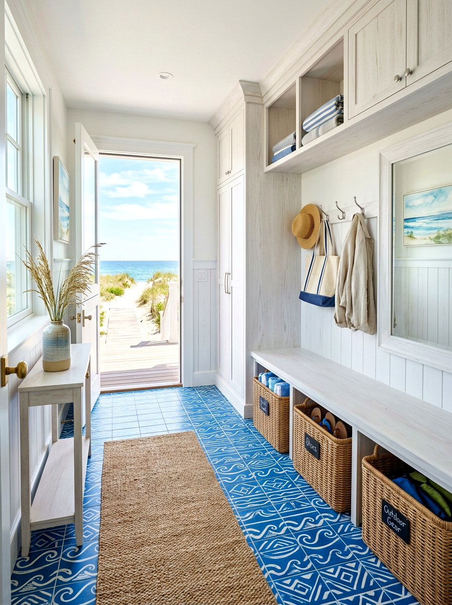 Coastal blue pattern tile - 30 patterned mudroom tile ideas