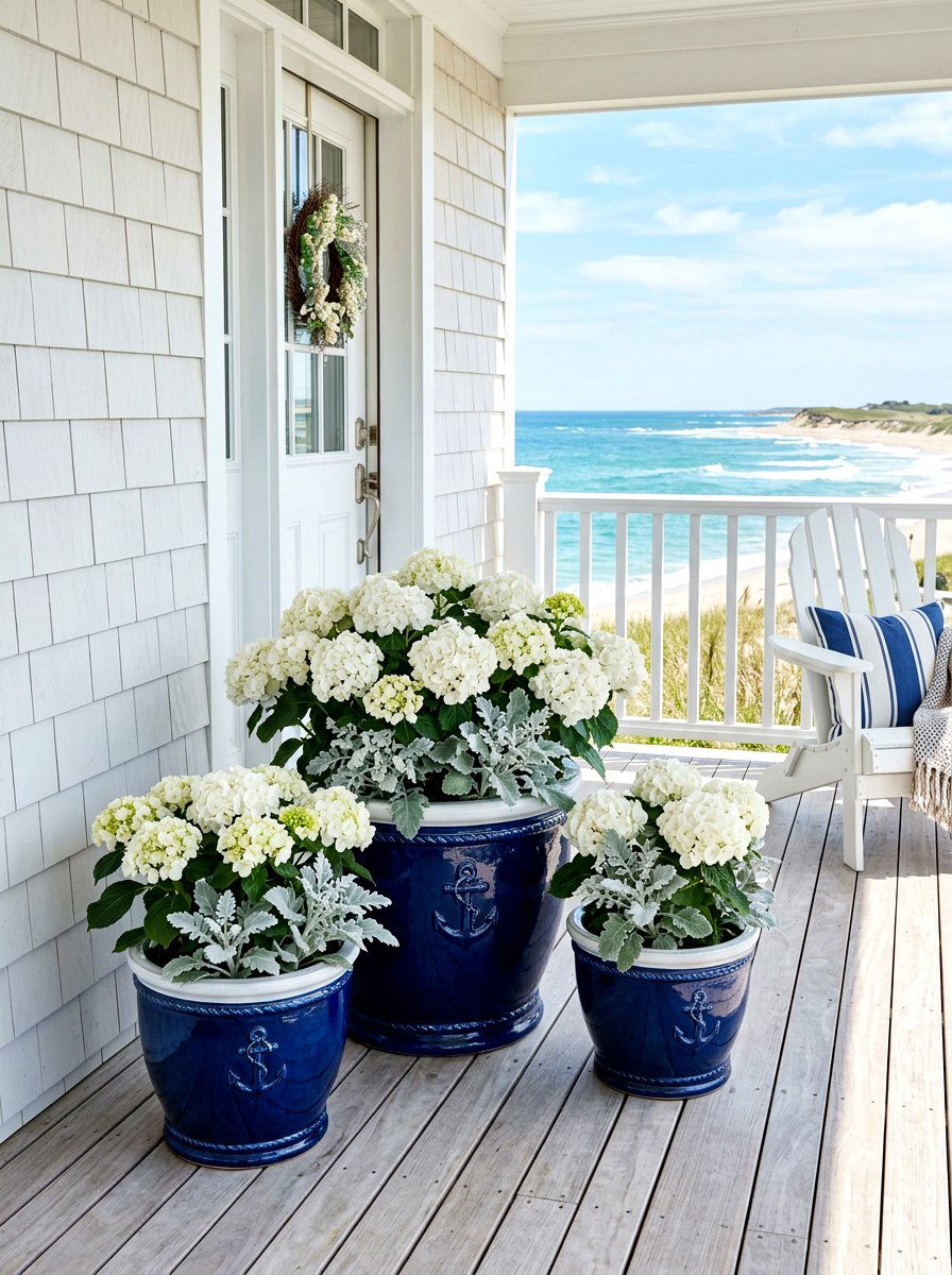 Coastal blue porch pots - 30 front porch planter ideas