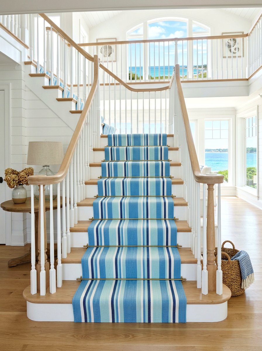 Coastal blue stripe stair runner - 30 staircase runner ideas