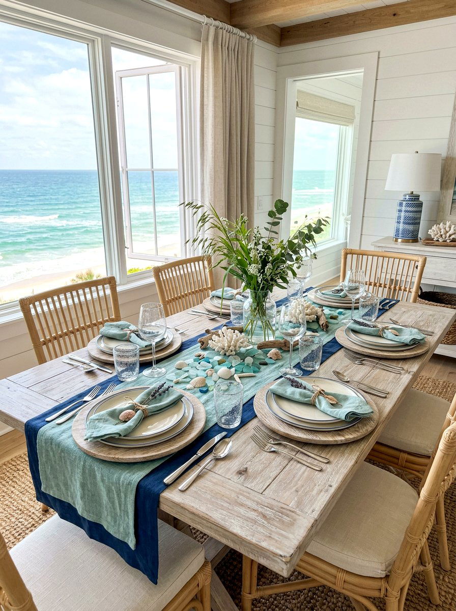 Coastal blue table setting - 30 dinner party table ideas aesthetic