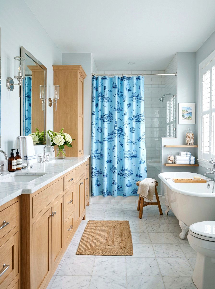 Coastal blue toile bathroom - 30 toile decor ideas