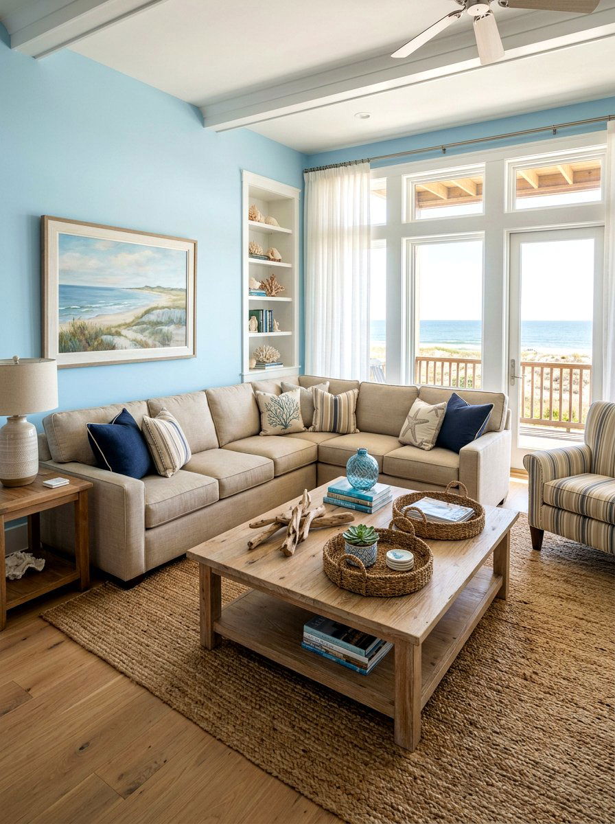 Coastal brown and blue living room - 30 brown living room ideas