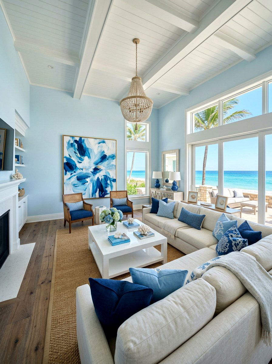 Coastal chic light blue living room - 30 soft blue living room ideas