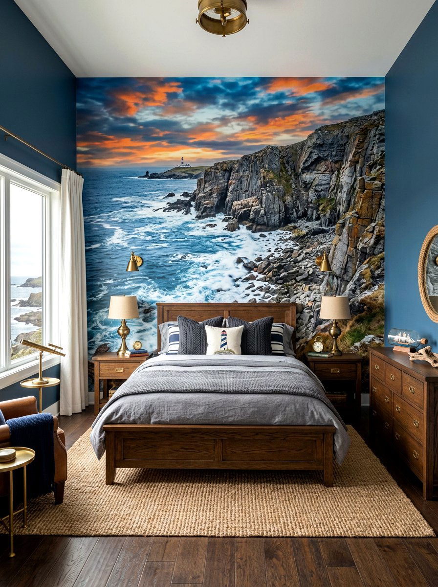 Coastal cliff wall mural - 30 landscape mural bedroom ideas