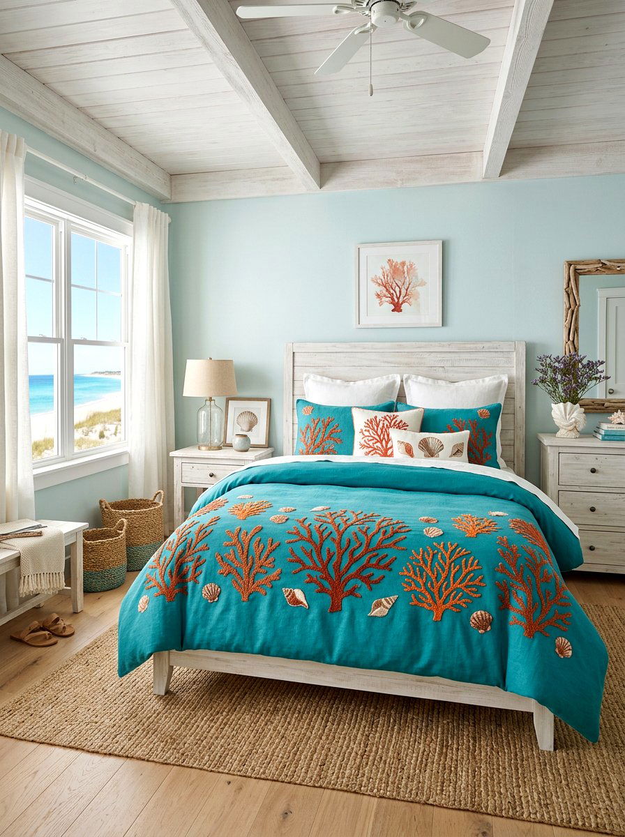 Coastal coral bedding - 30 embroidered bedding ideas