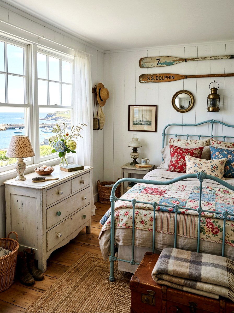 Coastal cottage bedroom with vintage finds - 30 coastal bedroom ideas