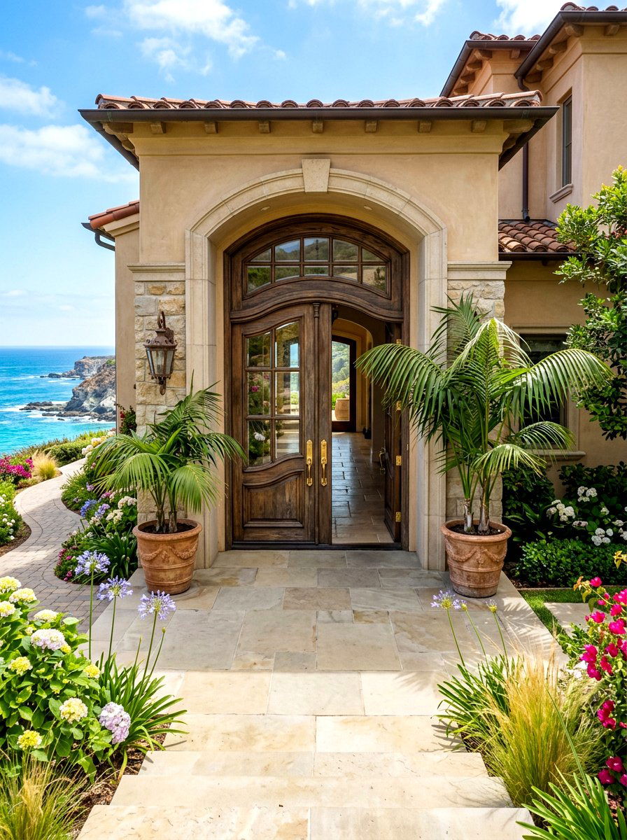 Coastal entryway with double doors - 30 coastal exterior ideas