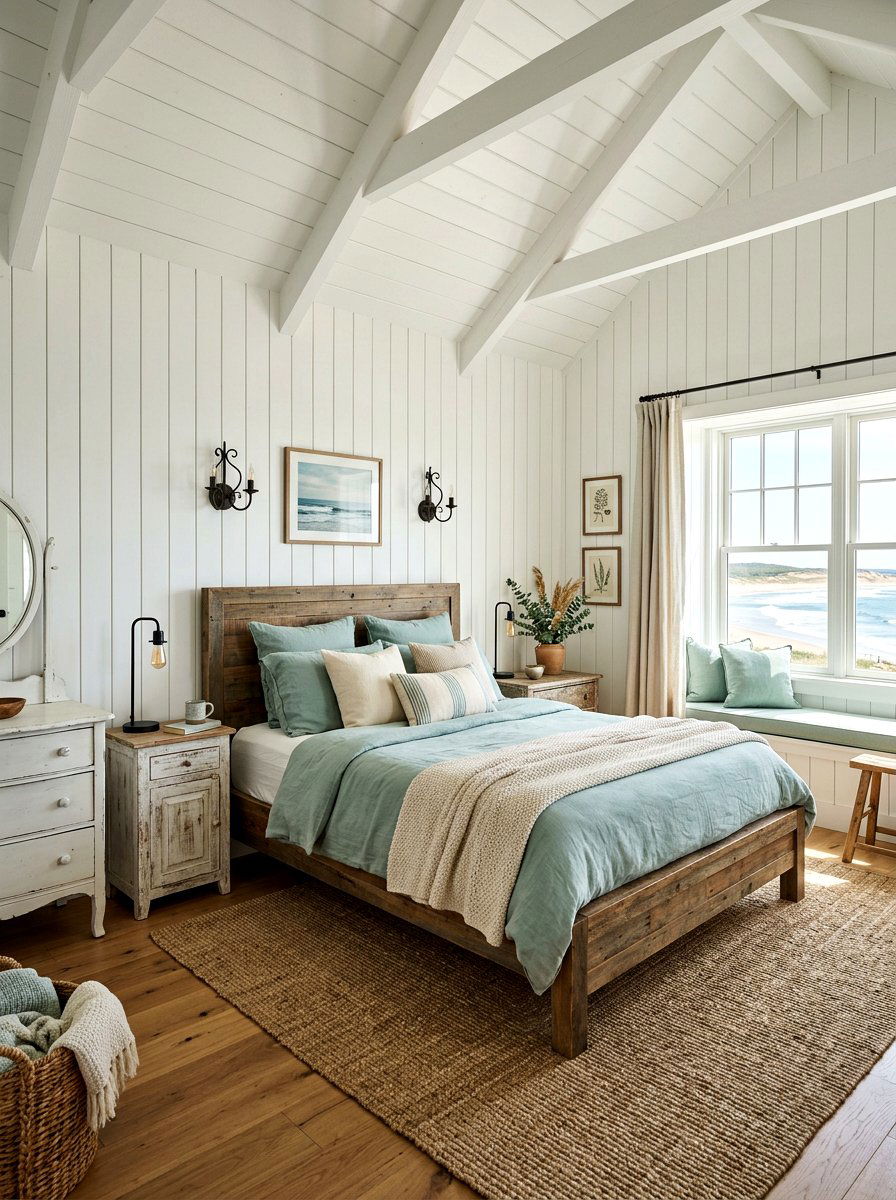 Coastal farmhouse bedroom with shiplap - 30 coastal bedroom ideas