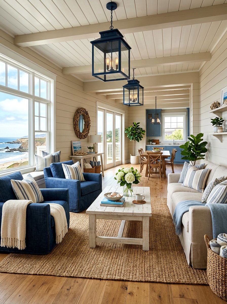 Coastal farmhouse blue and beige - 30 blue and beige living room ideas