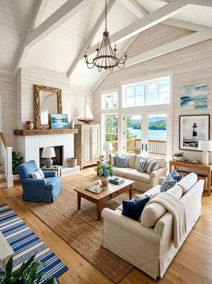 Coastal farmhouse lake house - 30 lake house living room ideas
