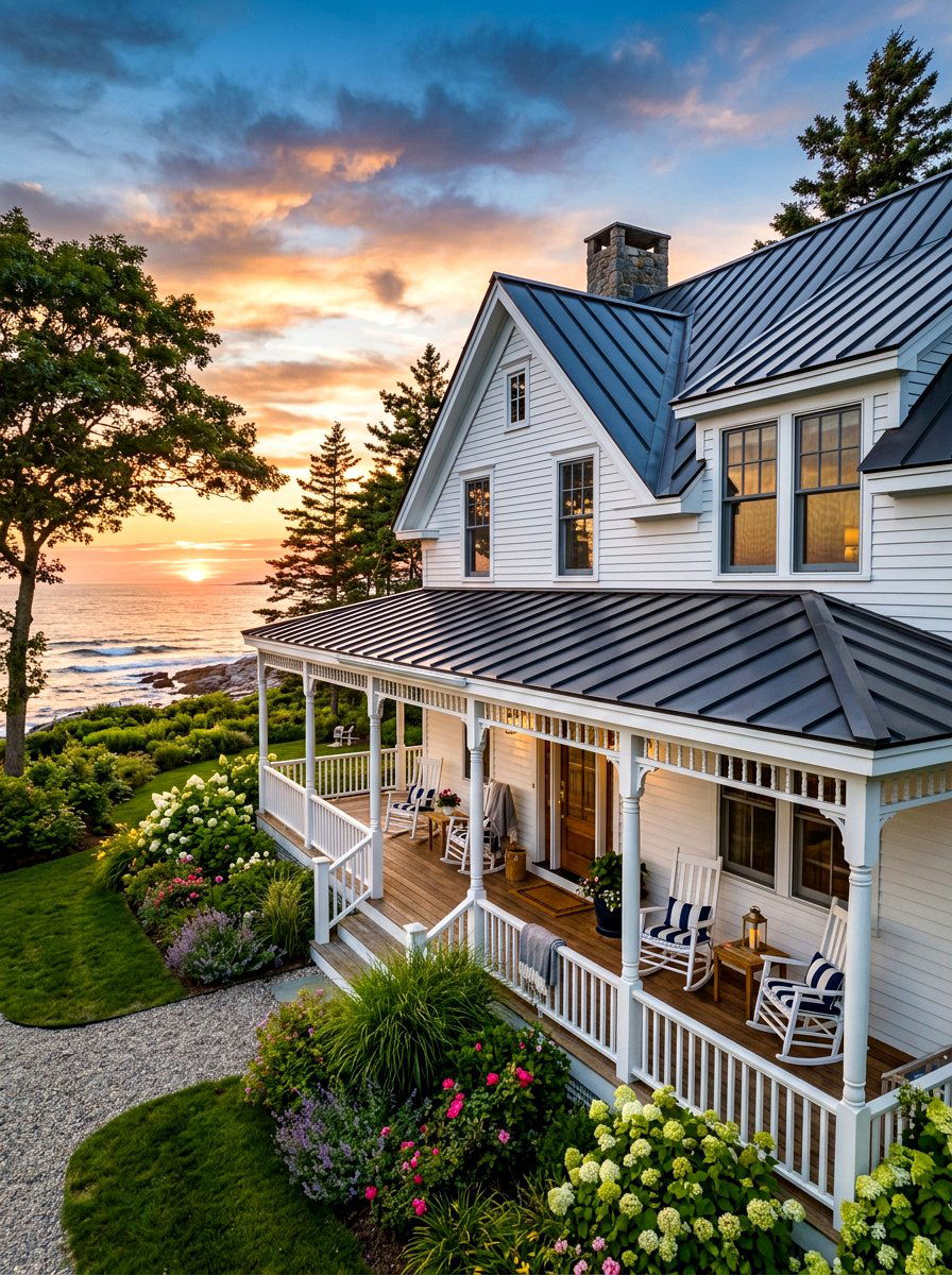 Coastal farmhouse with wrap around porch - 30 coastal exterior ideas