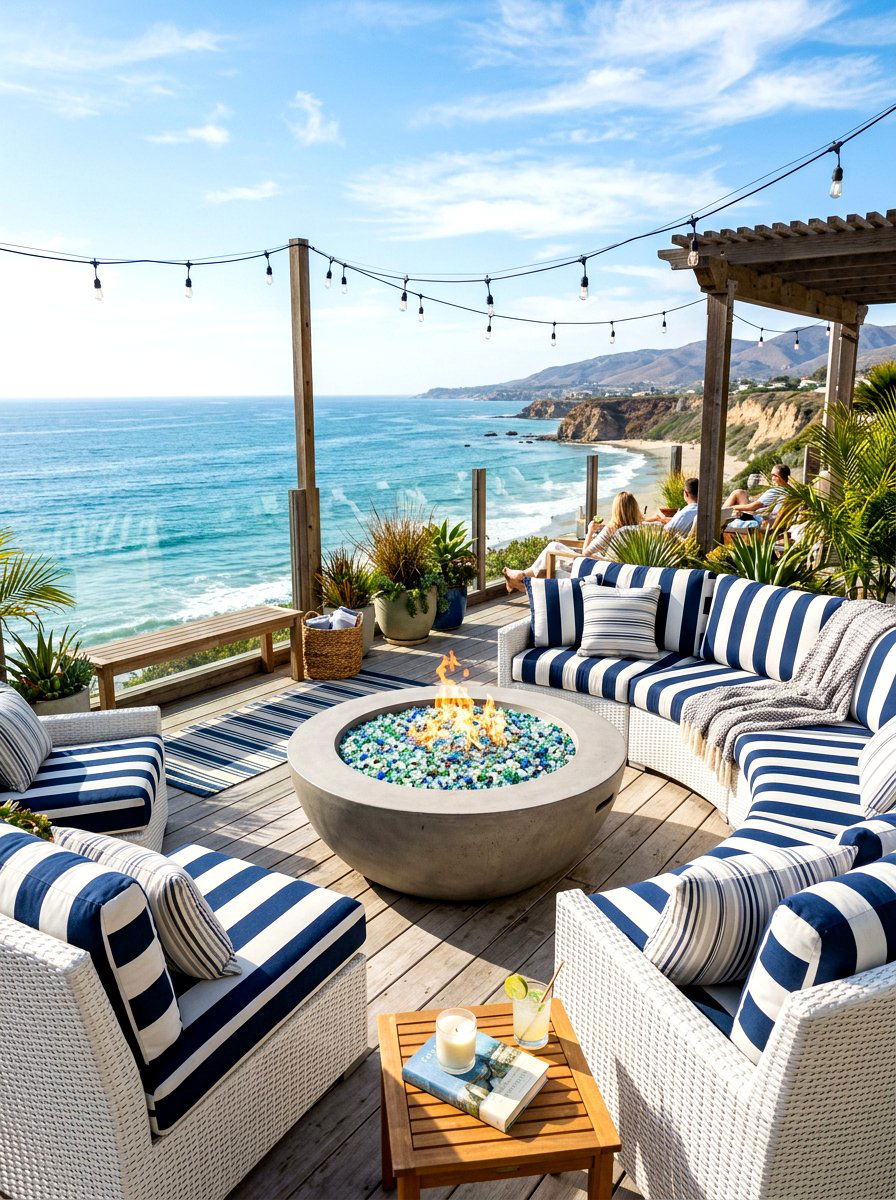 Coastal fire pit lounge - 30 gas fire lounge patio ideas