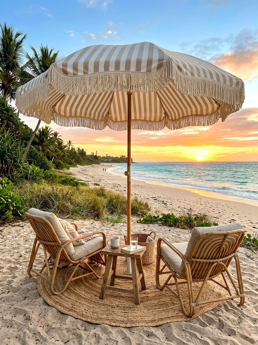 Coastal fringe striped patio umbrella - 30 striped patio umbrella ideas