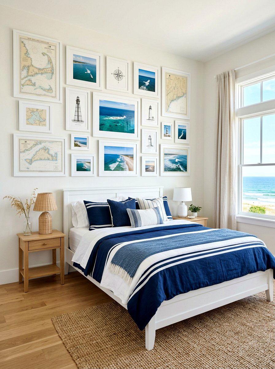 Coastal gallery wall bedroom - 30 coastal prep bedroom ideas