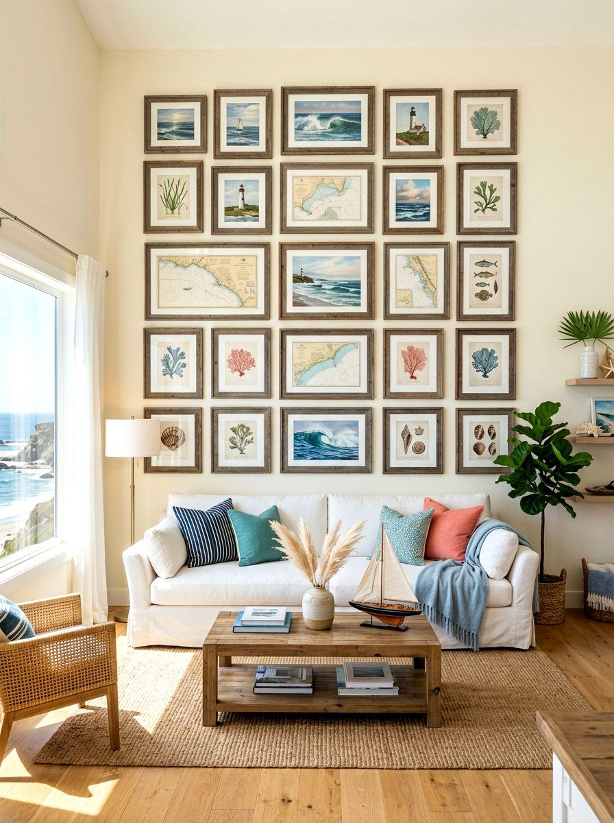 Coastal gallery wall living room - 30 coastal summer living room ideas