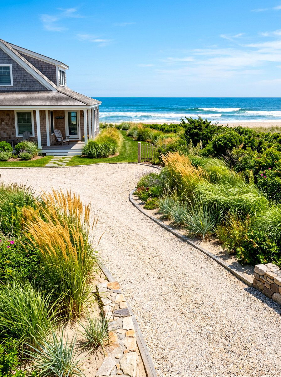 Coastal grass driveway garden - 30 driveway side garden ideas