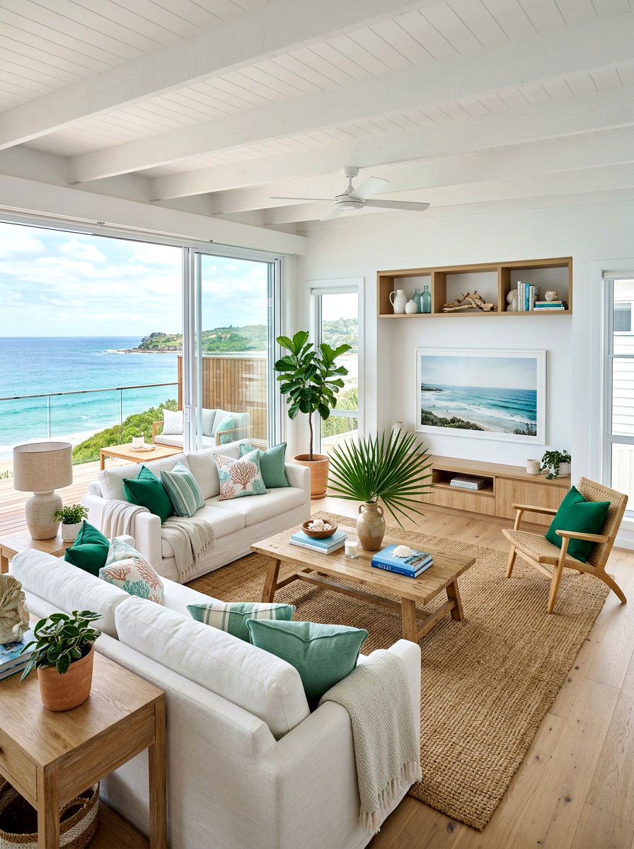 Coastal green living room with light oak - 30 emerald green living room ideas