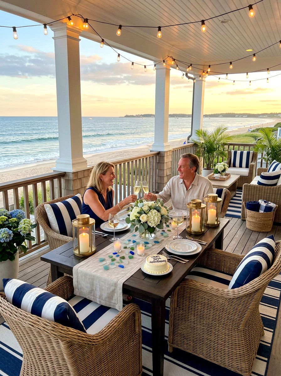 Coastal hamptons porch dinner - 30 anniversary dinner at home ideas