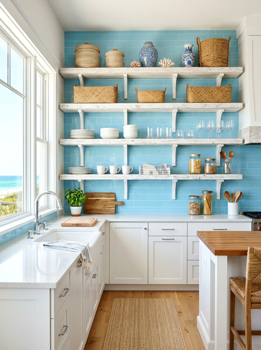 Coastal kitchen open shelves - 30 open kitchen shelf ideas