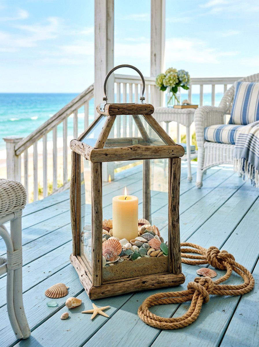 Coastal lantern with sea shells - 30 porch lantern styling ideas