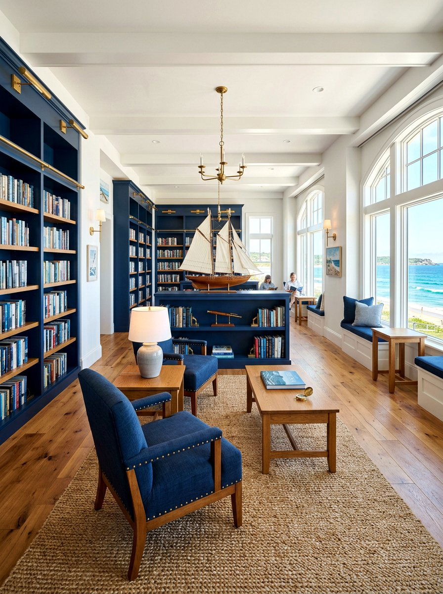 Coastal library blue accents - 30 cozy library fall ideas
