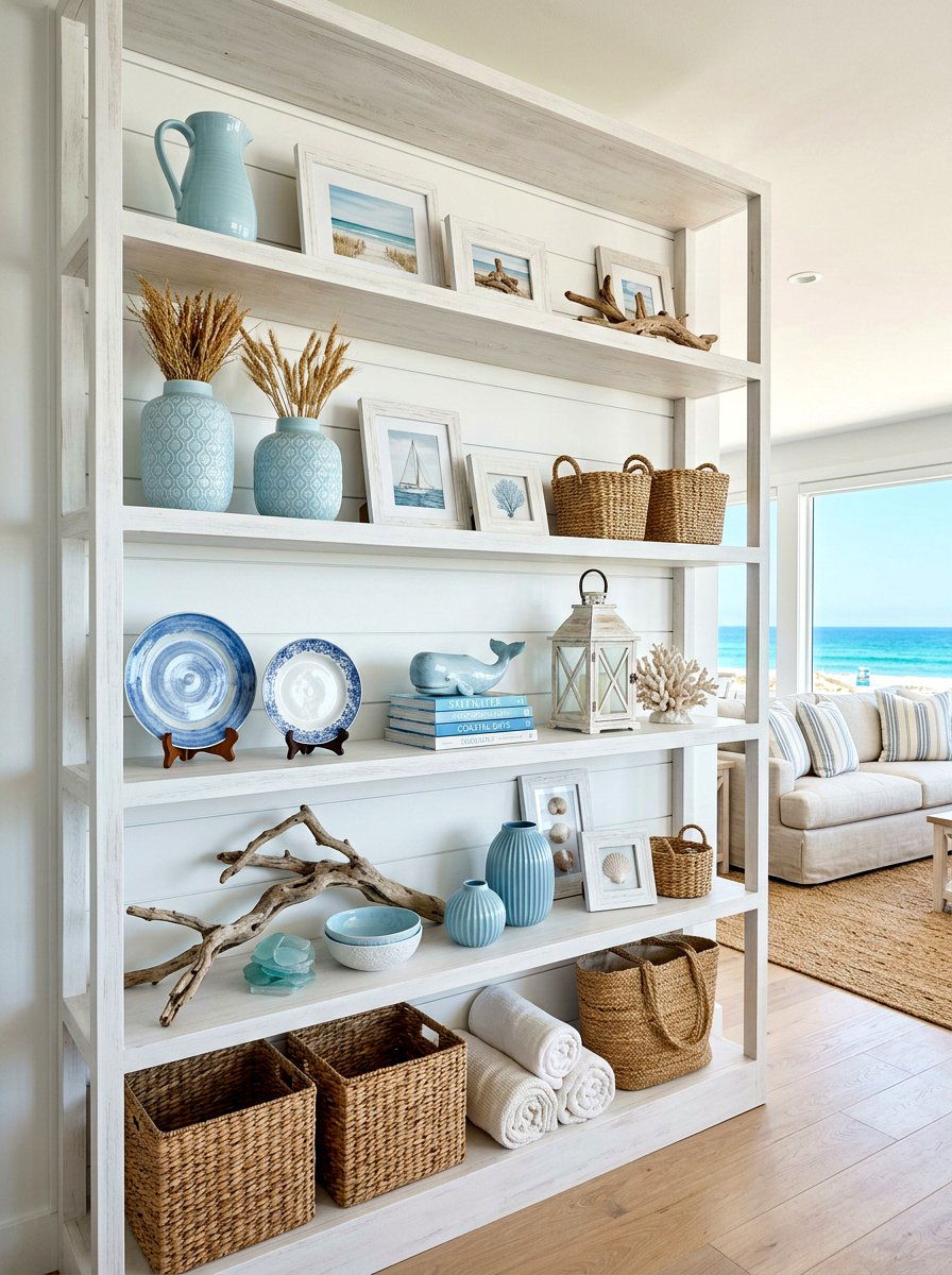 Coastal living room shelf - 30 summer shelf decor ideas