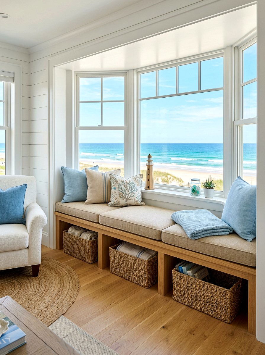Coastal living room window seat - 30 bay window seating living room ideas