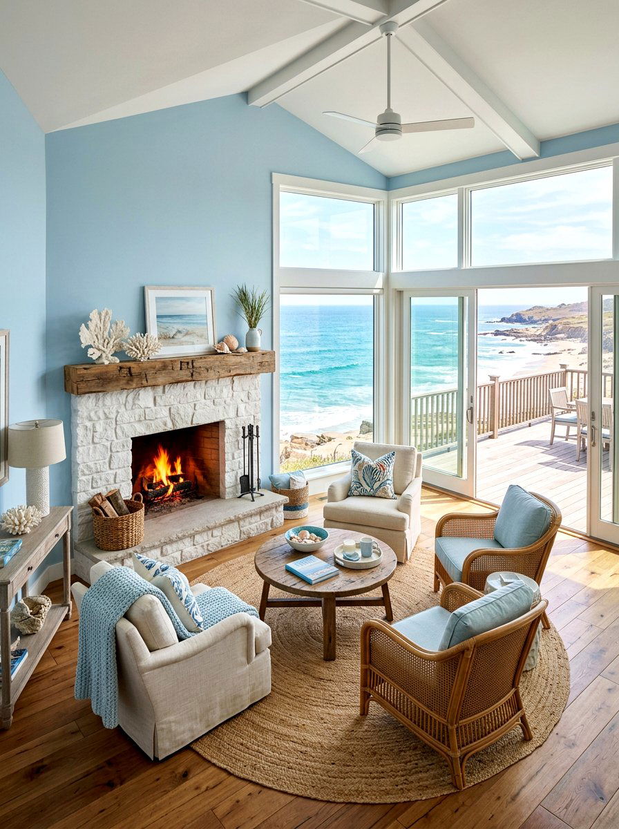 Coastal living room with fireplace - 30 coastal living room ideas