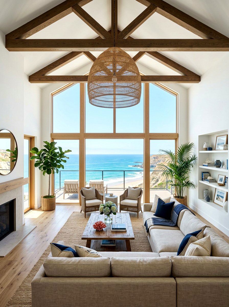 Coastal living room with high ceilings - 30 coastal living room ideas