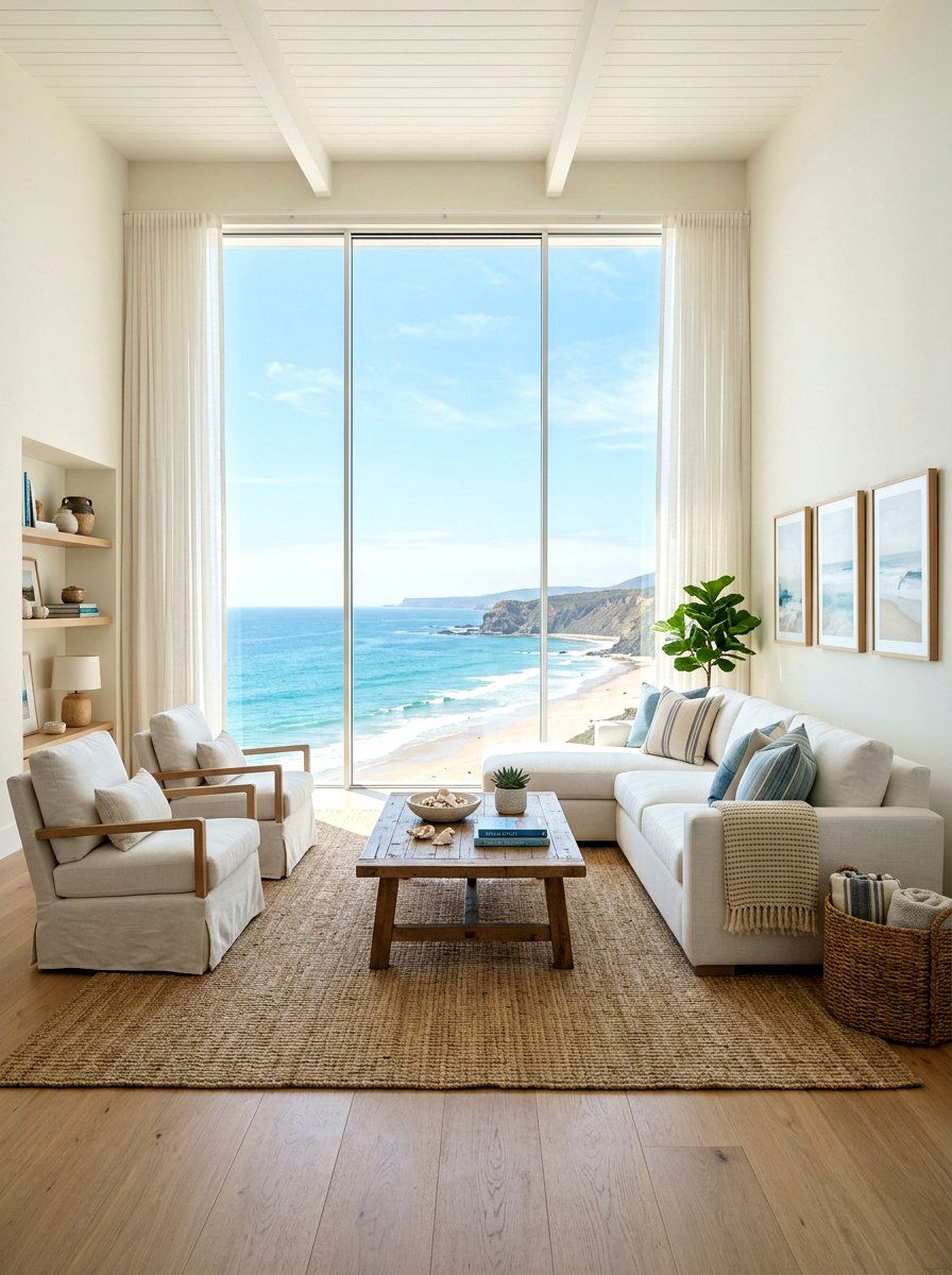 Coastal living room with large windows - 30 coastal living room ideas