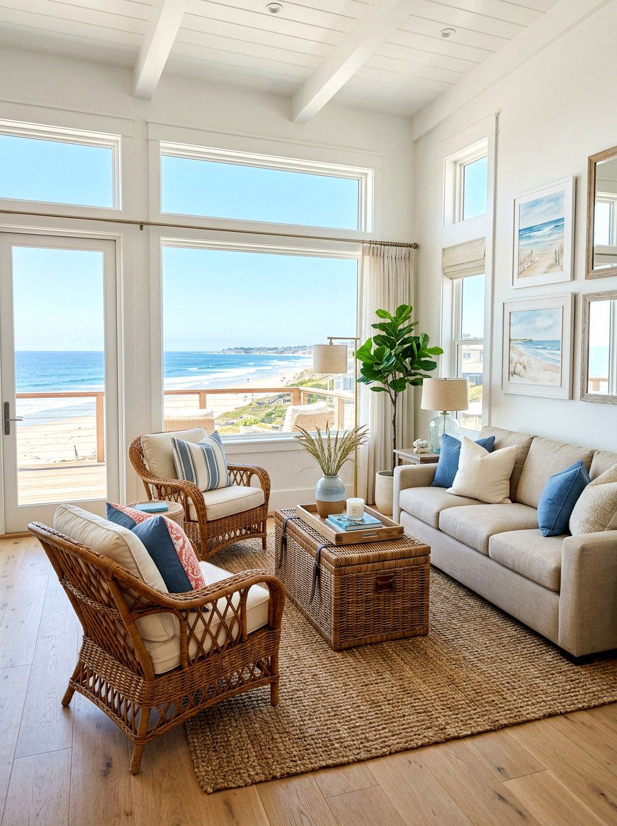 Coastal living room with wicker furniture - 30 coastal living room ideas