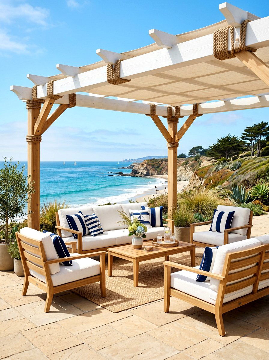 Coastal pergola furniture set - 30 open pergola seating ideas