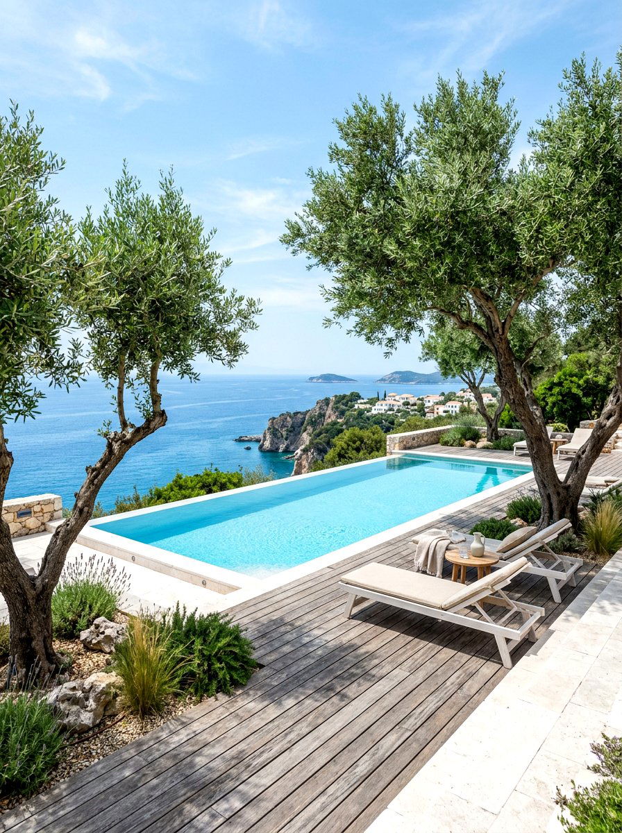 Coastal pool design with olive trees - 30 poolside olive trees ideas