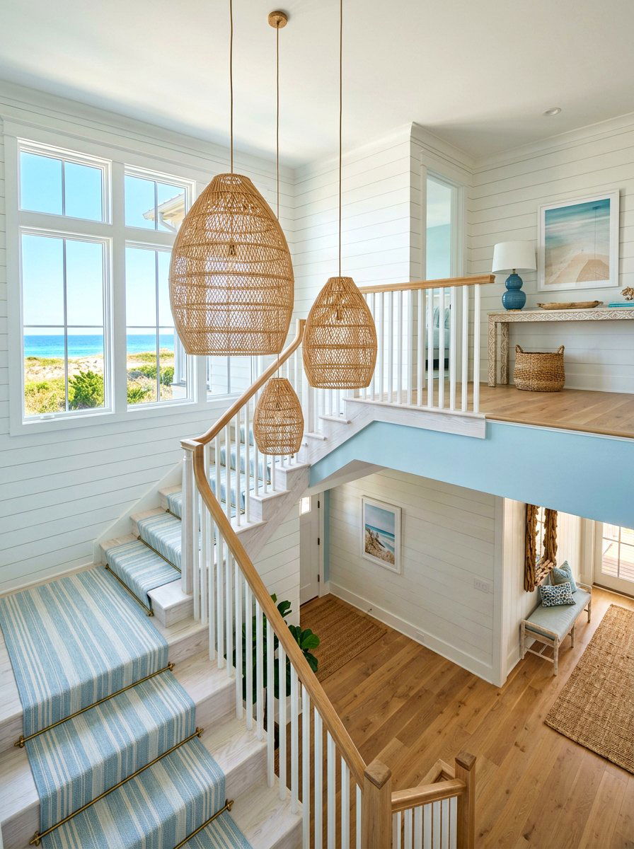 Coastal rattan stair pendant lights