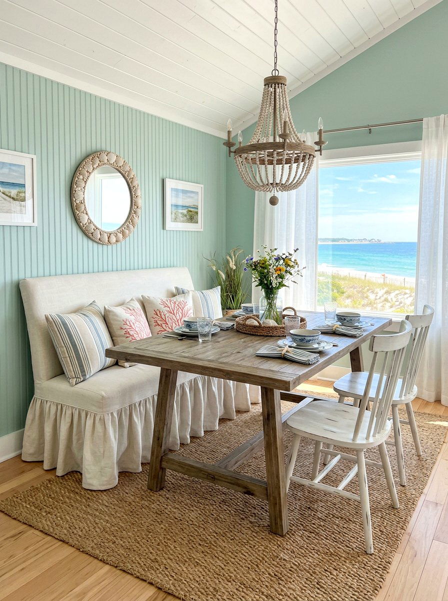 Coastal ruffle skirt dining bench - 30 skirted dining bench ideas