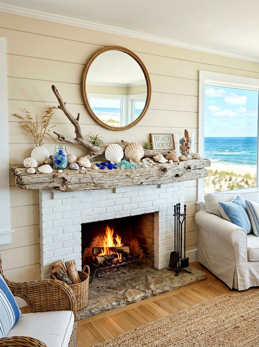 Coastal seashell and driftwood mantel - 30 spring mantel decor ideas