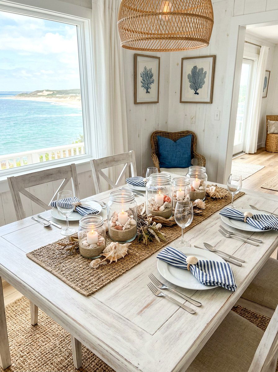 Coastal shell candle dining table decor - 30 candlelit dining room ideas aesthetic