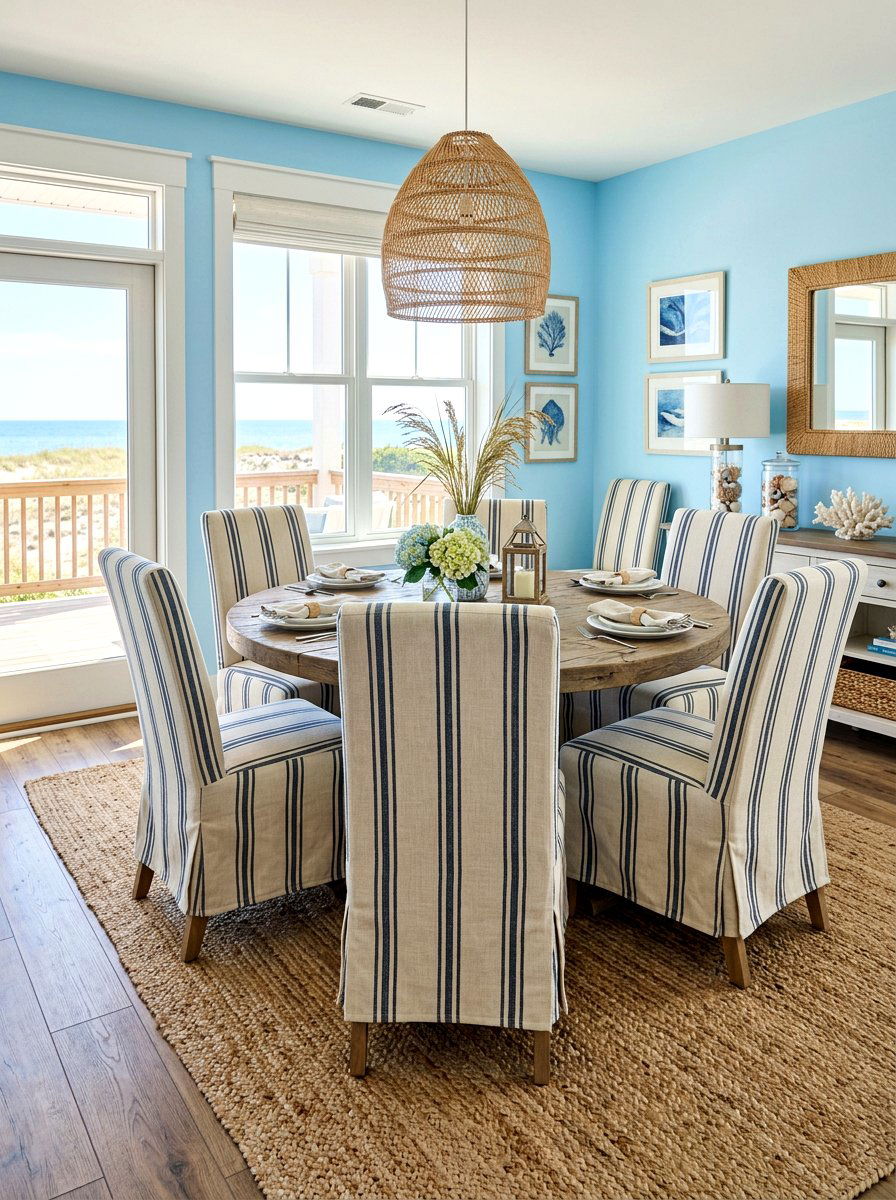 Coastal slipcovered striped chair - 30 striped dining chair ideas