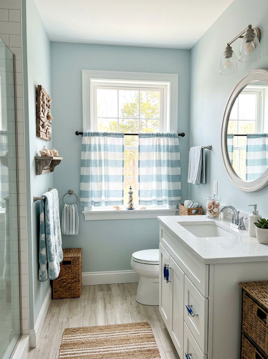 Coastal striped cafe curtain bathroom - 30 cafe curtain bathroom ideas