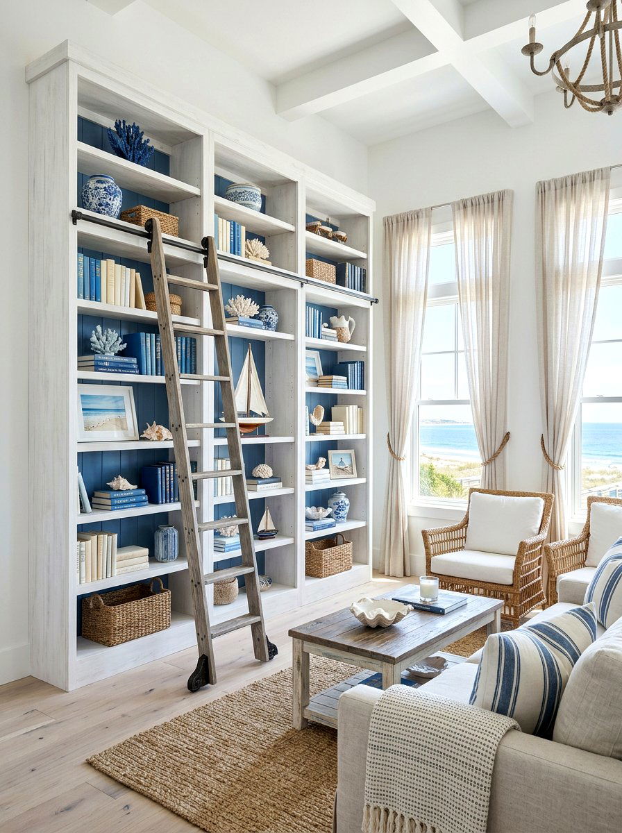 Coastal style airy bookshelf - 30 library ladder ideas
