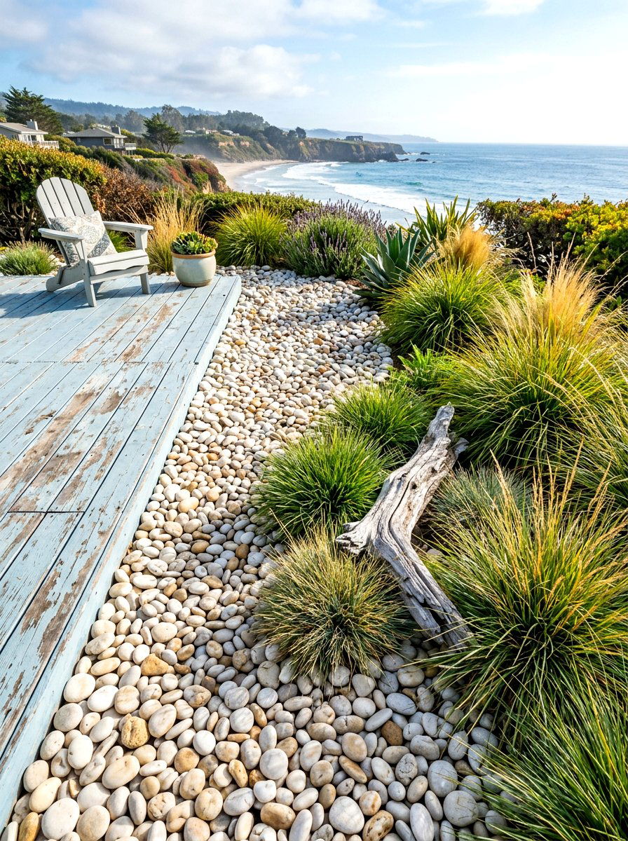 Coastal style beach pebble garden - 30 gravel border garden ideas
