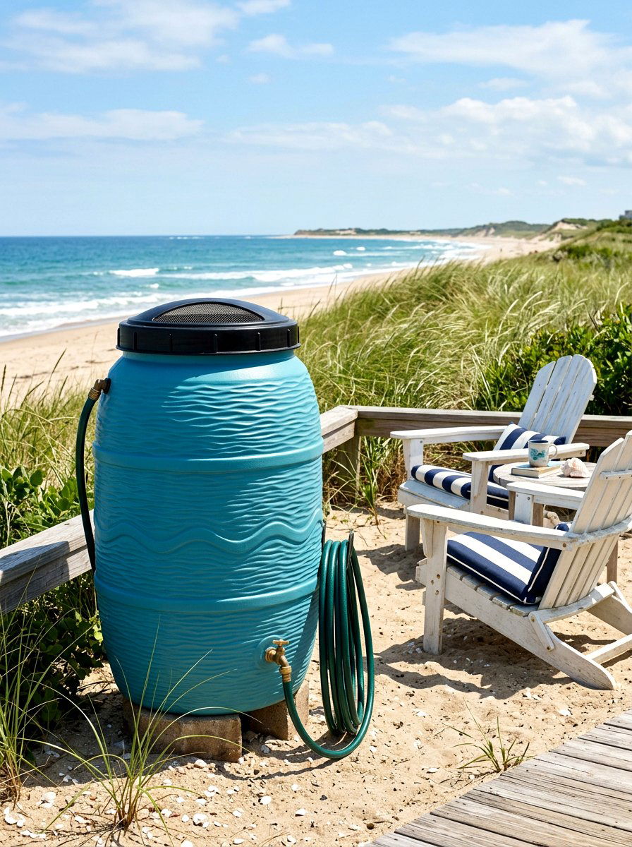 Coastal style blue rain barrel - 30 rain barrel ideas
