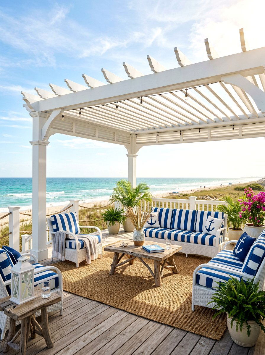 Coastal style white louvered pergola - 30 louvered pergola ideas