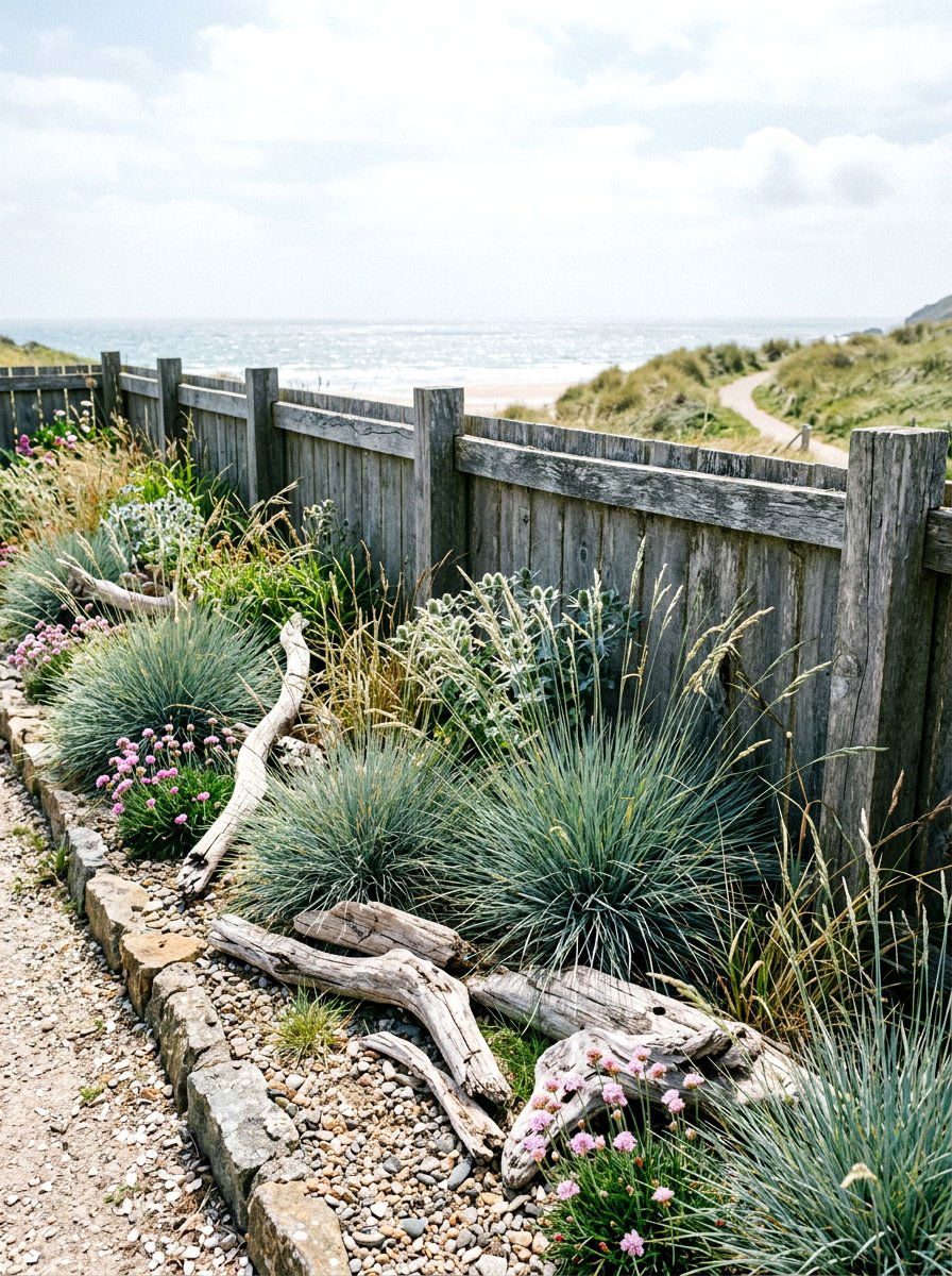 Coastal theme grass border - 30 border planting ideas along fence
