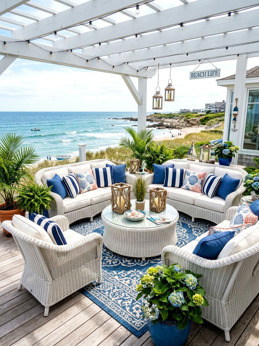 Coastal theme outdoor living room - 30 starlit patio hosting ideas