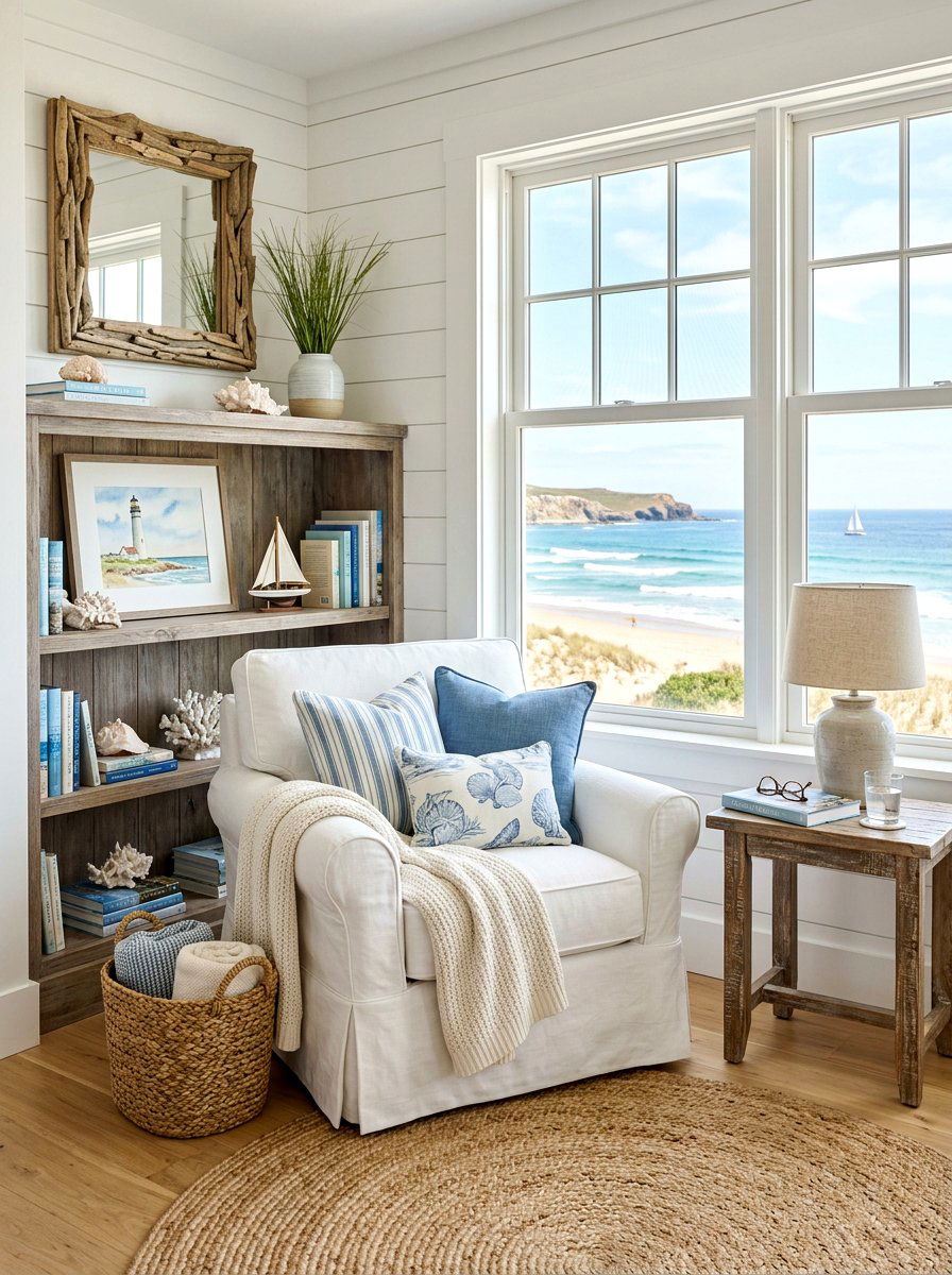 Coastal theme reading nook - 30 bright reading nook ideas
