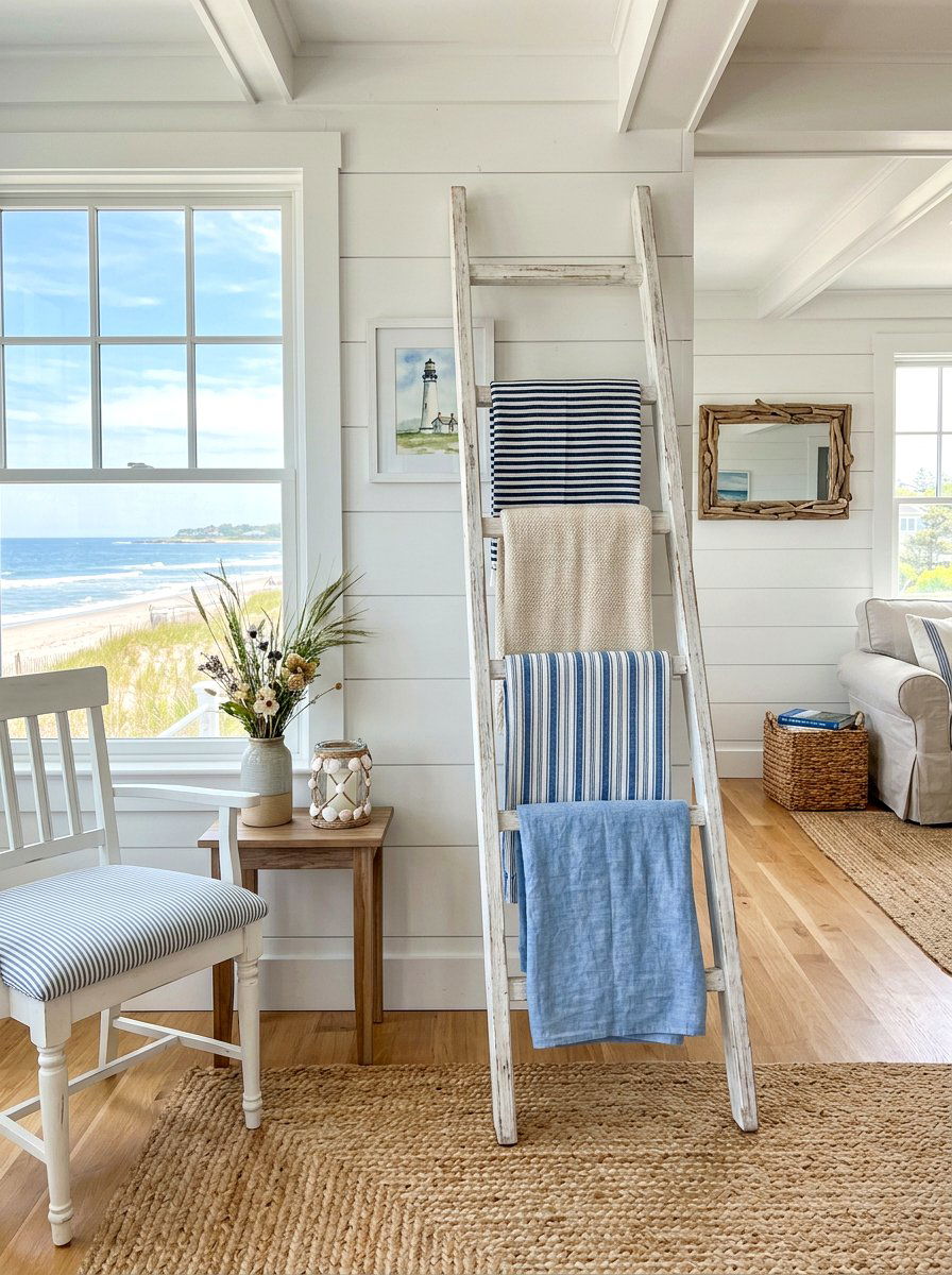 Coastal white blanket ladder - 30 corner ladder blanket ideas